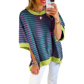 SHEWIN المرأة الصيف بلايز عادية كم قصير البلوز مخطط قميص Crewneck البلوز تي شيرت البلوزات فضفاضة