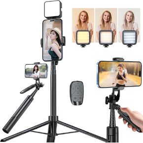 Phone Tripod Selfie Stick Video Pixel 62" for iPhone with Light Cell Stand Extendable Wireless Remote and Phone Holder,Compatible Sports Camera,Recording Vlogging,Photography,Live Streaming