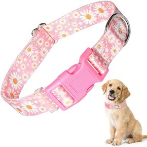 Daisy Pink Dog Collars for Female Dogs, Cute Pretty Flower Pattern Design Quick Release Buckle Soft Girl Dog Collars for Small Medium Large Pet Dogs, L