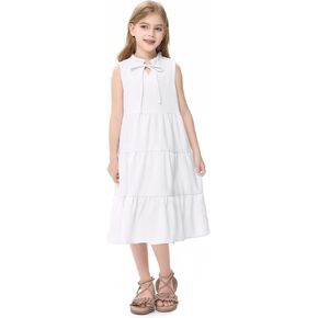 GERU Girls' Sleeveless Ruffle Dress Fungus Collar Bow A-Line Dress Flow Cute Midi Dresses 3-12 Years in Kuwait
