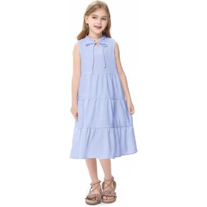 GERU Girls' Sleeveless Ruffle Dress Fungus Collar Bow A-Line Dress Flow Cute Midi Dresses 3-12 Years