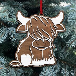 Hyturtle Highland Cow Christmas Ornament Gifts for Cow Lover - Highland Cow Christmas Wood Ornament - Cute Farm Animal Lover Gifts for Women, Girls On Birthday - Xmas Tree Hanging Decoration