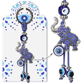 Evil Eye Car Hanging Ornament & Keychain Silver Elephant w/Blue Crystal Rhinestones Cute Turkish Amulet Protection Good Fortune Spirtual Keyring Bag Purse Accessories Key Holder Charm