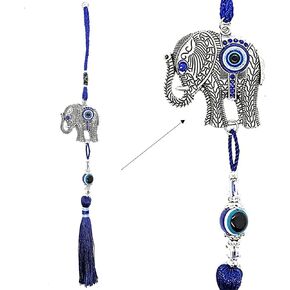 Evil Eye Car Hanging Ornament & Keychain Silver Elephant w/Blue Crystal Rhinestones Cute Turkish Amulet Protection Good Fortune Spirtual Keyring Bag Purse Accessories Key Holder Charm