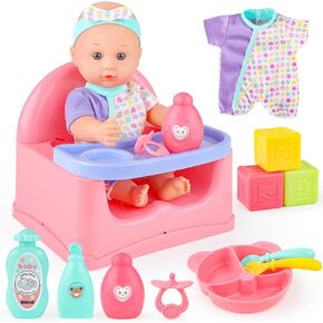 deAO Baby Doll Set High Chair Feeding Set Baby Doll with Bottle Accessories for 3 4 5 6 7 8 Year Olds Girls
