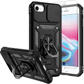 for iPhone SE Case 2022/3rd/2020,iPhone 8/7 Case,with Screen Protectors and Camera Cover,[Military Grade] 16ft.Drop Tested Cover with Magnetic Kickstand Protective Case for iPhone 8, Black