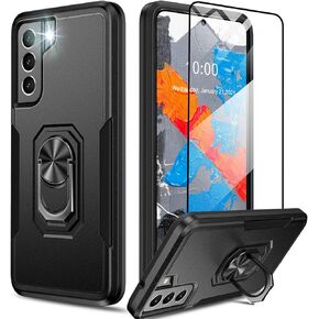 Oterkin for Samsung Galaxy S21 FE Case,Heavy Duty Military Grade Shockproof Case with Kickstand Ring Tempered Glass Screen Protector S21 FE Case Support Magnetic Car Mount (Black)
