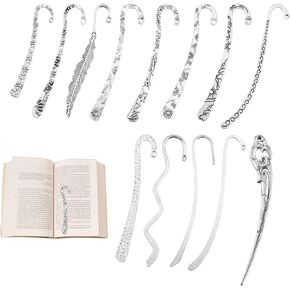 13pcs/Set Metal Bookmark for Women Men, Hairpin Hook Antique Tibetan Silver Carved Hook Bookmarks with Loop, Unique Charm Book Marker for Book Lovers Unique Gift