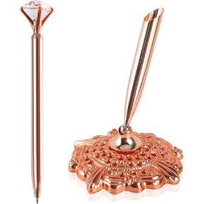 Hollow Round Pen Holder Signing Pen Set with Big Crystal Diamond Pen for Wedding Bridal Engagement Party Favors, Golden