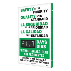 AccuformNMC Digi-Day Spanish Bilingual Electronic Safety Scoreboard SBSCK117, Track Days We Worked Without A Lost Time Accident, Aluminum 28"L x 20"W x 1"D, Bright LED Display with Remote, Made in USA