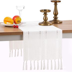 GSG Boho Small Table Runner for Home Decor, 36" Long Farmhouse Rustic Linen Table Runner with Tassels, Handmade Bohemia Short Table Runner for Dining Bedroom Decoration, Dark Khaki, 13x36 Inches