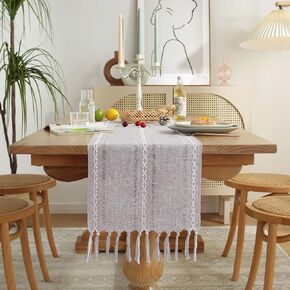 GSG Boho Small Table Runner for Home Decor, 36" Long Farmhouse Rustic Linen Table Runner with Tassels, Handmade Bohemia Short Table Runner for Dining Bedroom Decoration, Dark Khaki, 13x36 Inches