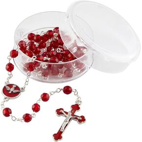 Needzo Imitation Ruby Red Confirmation Rosary, Religious Gifts for Girls, Acrylic Box Included, 1.25 Inch Crucifix