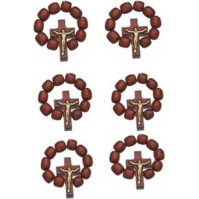 Catholic Finger Rosary Stretch Ring Cherry Wood Prayer Beads - Pack of 6 Units - Made in Brazil
