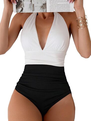 MakeMeChic Women's Colorblock Deep V Neck One Piece Swimsuit Halter Backless Ruched Tummy Control Bathing Suit in Saudi Arabia