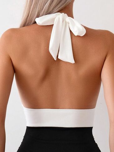 MakeMeChic Women's Colorblock Deep V Neck One Piece Swimsuit Halter Backless Ruched Tummy Control Bathing Suit in Saudi Arabia
