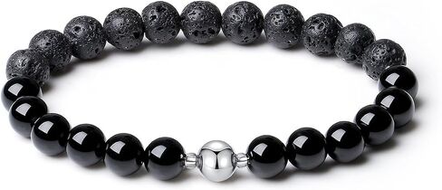 Handmade Men's Stretch Beaded Bracelet with Black Natural Stones 8mm Two Different Stones Gemstone Beads Jewelry (African blood stones) in Saudi Arabia
