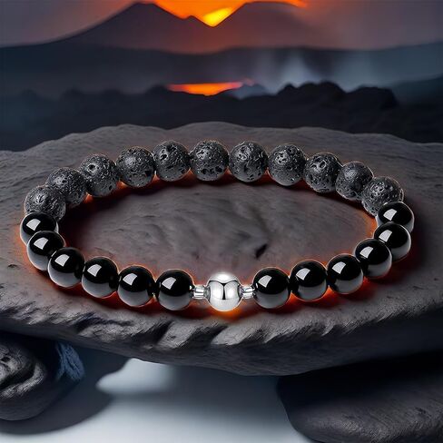 Handmade Men's Stretch Beaded Bracelet with Black Natural Stones 8mm Two Different Stones Gemstone Beads Jewelry (African blood stones) in Saudi Arabia