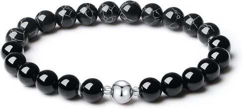 Handmade Men's Stretch Beaded Bracelet with Black Natural Stones 8mm Two Different Stones Gemstone Beads Jewelry (African blood stones) in Saudi Arabia