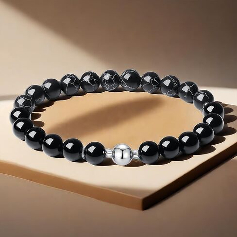 Handmade Men's Stretch Beaded Bracelet with Black Natural Stones 8mm Two Different Stones Gemstone Beads Jewelry (African blood stones) in Saudi Arabia