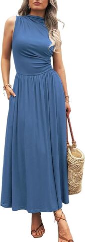 Women's Summer Casual Sleeveless Mock Neck Ruched Elegant Maxi Dresses Semi Formal Flowy Tank Dress with Pockets in Saudi Arabia
