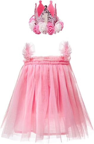 فستان توتو للفتيات الصغيرات مع تاج، فستان تول لعيد الميلاد الأول لحديثي الولادة، ملابس تصوير للفتيات الصغيرات، فستان الأميرة بدون أكمام لحفلات أعياد الميلاد، التقاط الصور، الزفاف (وردي) in Kuwait