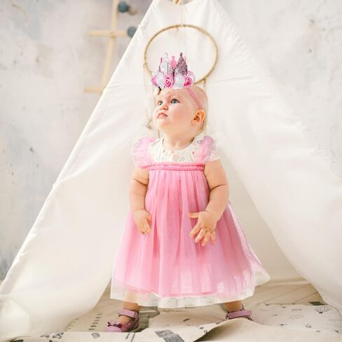فستان توتو للفتيات الصغيرات مع تاج، فستان تول لعيد الميلاد الأول لحديثي الولادة، ملابس تصوير للفتيات الصغيرات، فستان الأميرة بدون أكمام لحفلات أعياد الميلاد، التقاط الصور، الزفاف (وردي) in Kuwait