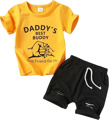 مجموعة ملابس صيفية للأولاد الصغار من Happy Town، تي شيرت وسروال قصير الأكمام (D أصفر، 12-18 شهرًا) in Kuwait