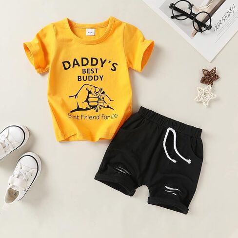 مجموعة ملابس صيفية للأولاد الصغار من Happy Town، تي شيرت وسروال قصير الأكمام (D أصفر، 12-18 شهرًا) in Kuwait