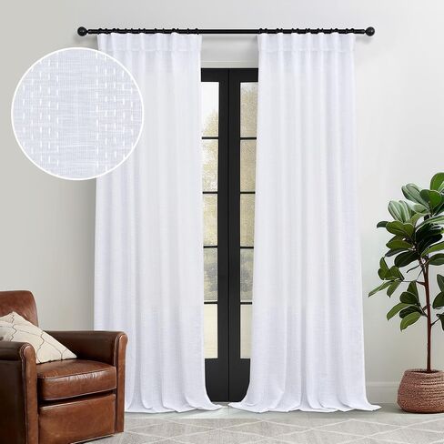 Cream Patterned Curtains 84 Inch Length for Living Room 2 Panel Back Tab Pinch Pleated Pocket Boho Drape Neutral Cotton Textured Striped Light Filtering Sheer Linen Curtain for Bedroom 52x84 Long Ecru in Saudi Arabia