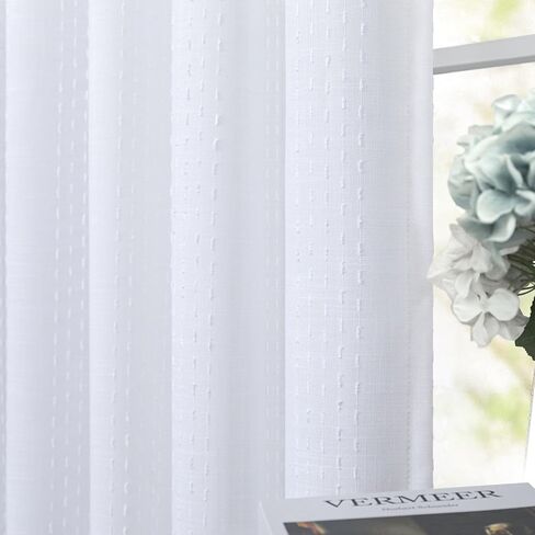 Cream Patterned Curtains 84 Inch Length for Living Room 2 Panel Back Tab Pinch Pleated Pocket Boho Drape Neutral Cotton Textured Striped Light Filtering Sheer Linen Curtain for Bedroom 52x84 Long Ecru in Saudi Arabia