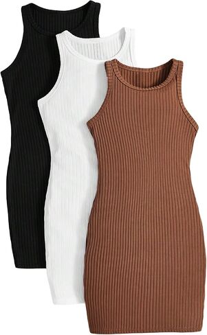 MakeMeChic Girl's 3 Pack Ribbed Knit Midi Tank Dress Solid Round Neck Sleeveless Bodycon Dress in Saudi Arabia