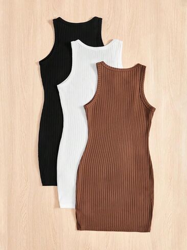 MakeMeChic Girl's 3 Pack Ribbed Knit Midi Tank Dress Solid Round Neck Sleeveless Bodycon Dress in Saudi Arabia