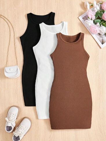 MakeMeChic Girl's 3 Pack Ribbed Knit Midi Tank Dress Solid Round Neck Sleeveless Bodycon Dress in Saudi Arabia