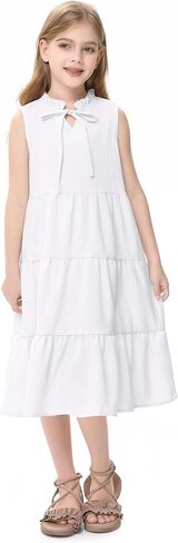 GERU Girls' Sleeveless Ruffle Dress Fungus Collar Bow A-Line Dress Flow Cute Midi Dresses 3-12 Years in Kuwait