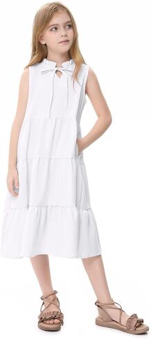 GERU Girls' Sleeveless Ruffle Dress Fungus Collar Bow A-Line Dress Flow Cute Midi Dresses 3-12 Years in Kuwait