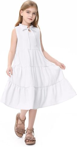 GERU Girls' Sleeveless Ruffle Dress Fungus Collar Bow A-Line Dress Flow Cute Midi Dresses 3-12 Years in Kuwait