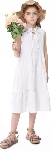 GERU Girls' Sleeveless Ruffle Dress Fungus Collar Bow A-Line Dress Flow Cute Midi Dresses 3-12 Years in Kuwait