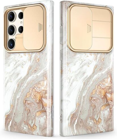 GVIEWIN for Samsung Galaxy S23 Ultra Case with Slide Camera Cover, [Military Grade Drop Protection] Slim Marble Design Best Shockproof Protective Phone Case Fit S23 Ultra 5G 6.8" (Drift Sand/Brown) in Saudi Arabia