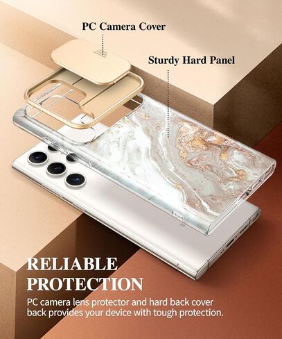 GVIEWIN for Samsung Galaxy S23 Ultra Case with Slide Camera Cover, [Military Grade Drop Protection] Slim Marble Design Best Shockproof Protective Phone Case Fit S23 Ultra 5G 6.8" (Drift Sand/Brown) in Saudi Arabia