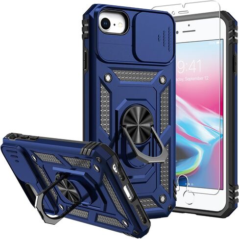 حافظة لهاتف iPhone SE 2022/3rd/2020، حافظة iPhone 8/7، مع واقيات شاشة وغطاء كاميرا، [درجة عسكرية] 16 قدمًا. غطاء تم اختباره من السقوط مع حافظة واقية بمسند مغناطيسي لهاتف iPhone 8، أزرق in Kuwait