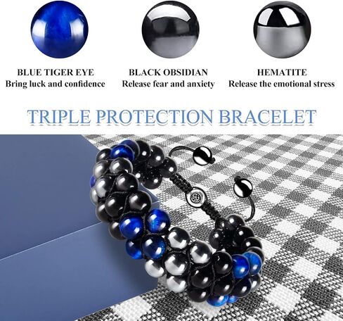 Bracelet, Natural Tigers Eye Bracelet, Black Obsidian and Hematite 8mm Beads Healing Crystal Bracelet for Women Men for Luck Prosperity and Happiness in Saudi Arabia