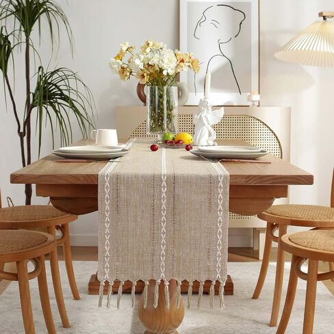 GSG Boho Small Table Runner for Home Decor, 36" Long Farmhouse Rustic Linen Table Runner with Tassels, Handmade Bohemia Short Table Runner for Dining Bedroom Decoration, Dark Khaki, 13x36 Inches in Saudi Arabia