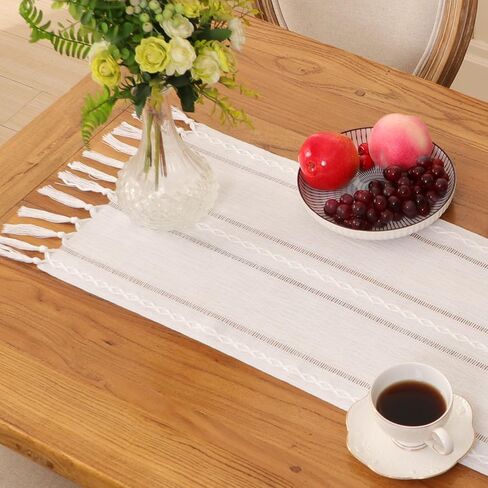GSG Boho Small Table Runner for Home Decor, 36" Long Farmhouse Rustic Linen Table Runner with Tassels, Handmade Bohemia Short Table Runner for Dining Bedroom Decoration, Dark Khaki, 13x36 Inches in Saudi Arabia