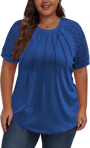 Women's Plus Size Lace Shirt Short Sleeve Round Neck Tops Basic Ladies Loose Fit T Shirt in Saudi Arabia