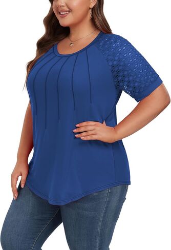 Women's Plus Size Lace Shirt Short Sleeve Round Neck Tops Basic Ladies Loose Fit T Shirt in Saudi Arabia