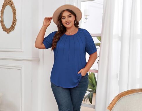 Women's Plus Size Lace Shirt Short Sleeve Round Neck Tops Basic Ladies Loose Fit T Shirt in Saudi Arabia