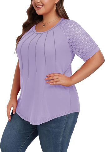 Women's Plus Size Lace Shirt Short Sleeve Round Neck Tops Basic Ladies Loose Fit T Shirt in Saudi Arabia
