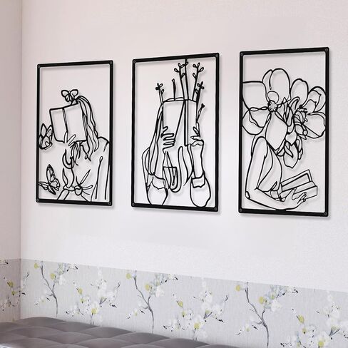CHENGU 3 Pieces Metal Minimalist Abstract Woman Wall Art Line Drawing Wall Art Decor Single Line Female Home Hanging Wall Art Decor for Kitchen Bathroom Living Room (Black,Reading) in Saudi Arabia