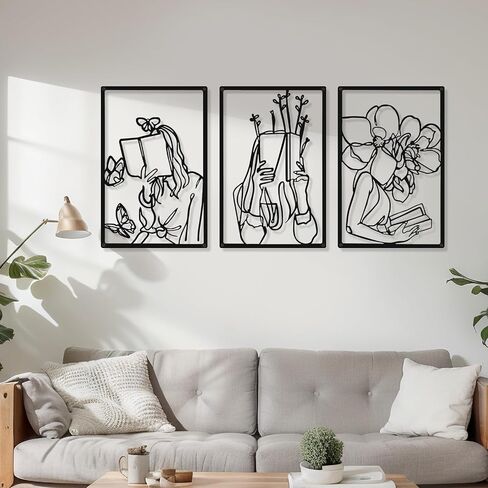CHENGU 3 Pieces Metal Minimalist Abstract Woman Wall Art Line Drawing Wall Art Decor Single Line Female Home Hanging Wall Art Decor for Kitchen Bathroom Living Room (Black,Reading) in Saudi Arabia